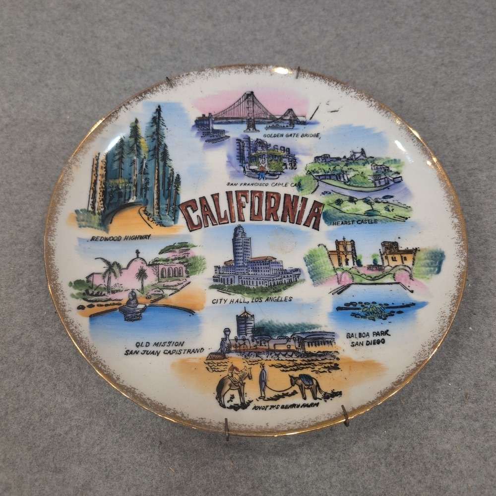 Vintage California Souvenir Plate Continental Royalty Landmarks Gold Rim Decor - Picture 1 of 3